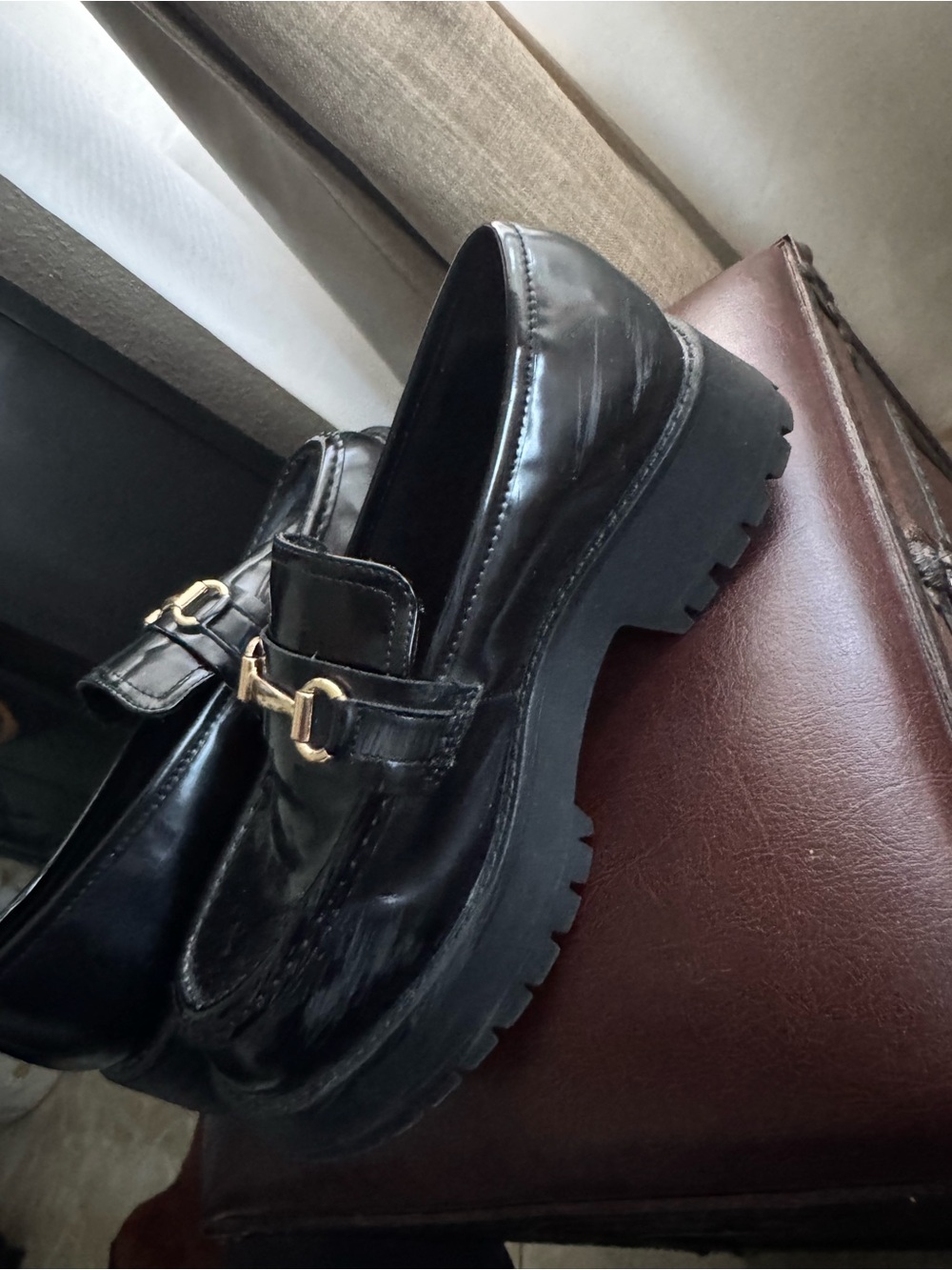 ASOS Black Leather Lug Sole Loafers with Gold Bit Detail